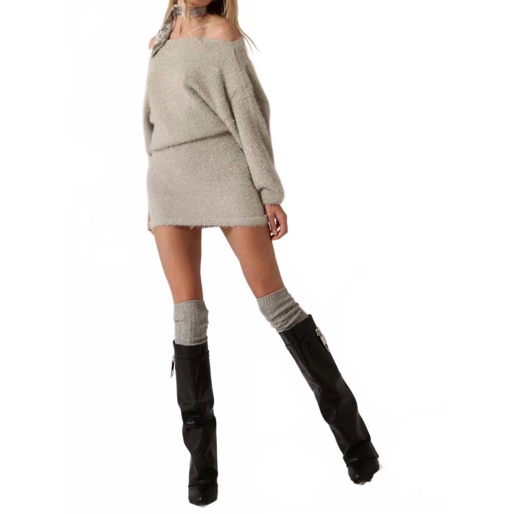 NEW PROMESA off shoulder shimmer sweater dress in silver